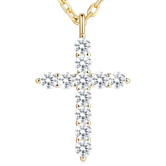 Women 14k Gold Cross CZ Stones Baptism Confirmation Necklace Gold plated - Picture 1 of 6